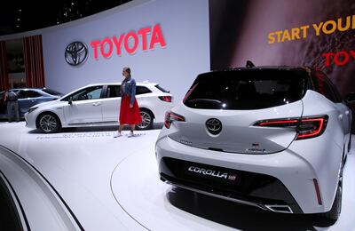 FILE PHOTO: The new Toyota Corolla is displayed at the 89th Geneva International Motor Show in Geneva, Switzerland March 5, 2019. REUTERS/Denis Balibouse/File Photo  GLOBAL BUSINESS WEEK AHEAD