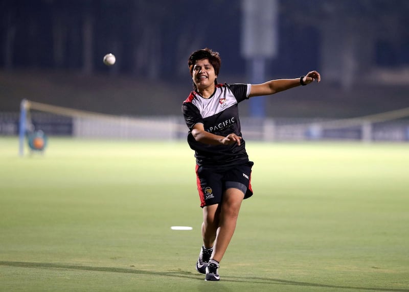 Dubai, United Arab Emirates - Reporter: Paul Radley. Sport. Chaya Mughal goes through fielding drills. UAE's leading women's players training before their T10 exhibition match next week. Wednesday, March 31st, 2021. Dubai. Chris Whiteoak / The National