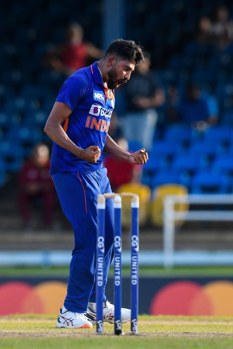 Mohammed Siraj of India celebrates winning the first ODI at  Port of Spain. AFP