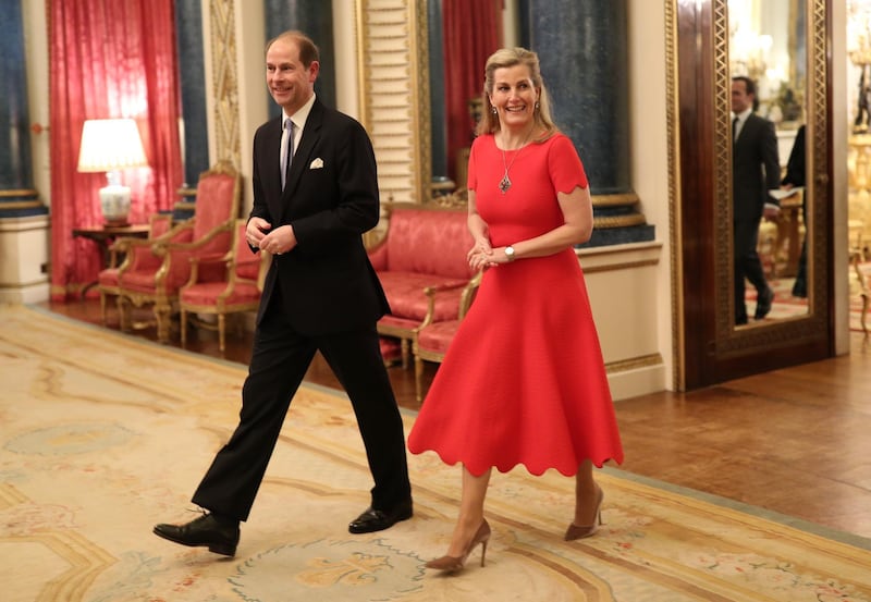 LONDON, ENGLAND - JANUARY 20:  Prince Edward, Earl of Wessex and Sophie, Countess of Wessex arrive at a reception to mark the UK-Africa Investment Summit at Buckingham Palace on January 20, 2020 in London, England. (Photo by Yui Mok - WPA Pool/Getty Images)