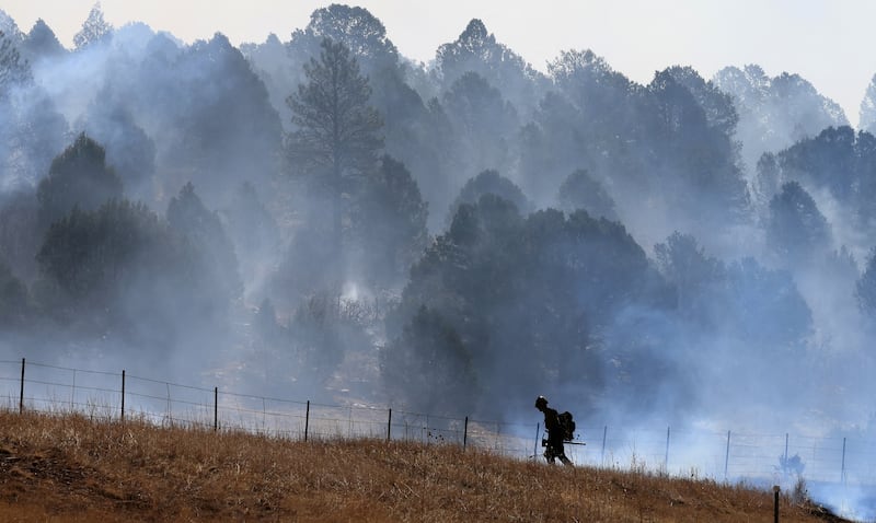 A firefighter works to combat the Hermits Peak and Calf Canyon wildfire near Las Vegas, New Mexico. Reuters
