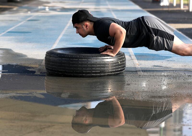 Dubai, United Arab Emirates - Reporter: N/A. News. Weather. A man works out in the marina after the rain came down in Dubai. Sunday, November 8th, 2020. Dubai. Chris Whiteoak / The National