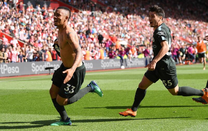SOUTHAMPTON, ENGLAND - MAY 13:  Gabriel Jesus of Manchester City celebrates scoring his sides first goal during the Premier League match between Southampton and Manchester City at St Mary's Stadium on May 13, 2018 in Southampton, England.  (Photo by Mike Hewitt/Getty Images)