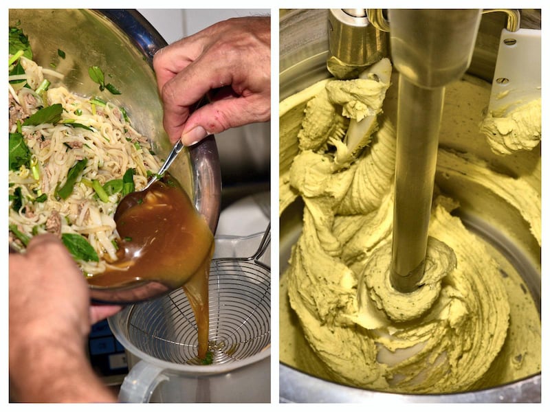 Pho soup is sieved, then mixed with sugar and water, and poured into a vertical ice cream machine to freeze. Photo: Ronan O’Connell