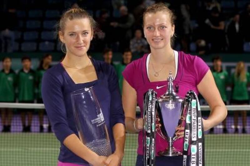 ISTANBUL, TURKEY - OCTOBER 30:  Victoria Azarenka and Petra Kvitova of the Czech Republic pose for photogrtaphers after the final of the TEB BNP Paribas WTA Championships Istanbul at the Sinan Erdem Dome on October 30, 2011 in Istanbul, Turkey.  (Photo by Matthew Stockman/Getty Images)