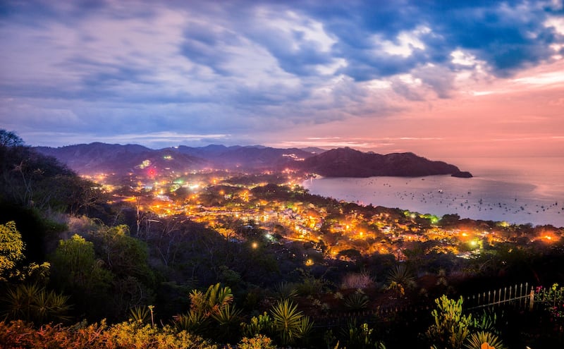 Looking down on Playas del Coco, Guanacaste, Costa Rica at night.