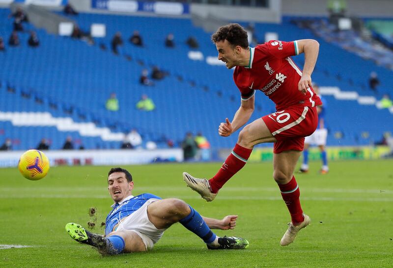 Liverpool's Diogo Jota shoots at goal under pressure from Lewis Dunk of Brighton. Getty