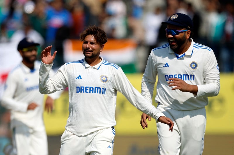 India's Kuldeep Yadav celebrates after taking the wicket of England captain Ben Stokes on Day 1 of the fifth Test at Himachal Pradesh Cricket Association Stadium in Dharamshala, on March 7, 2024. India bowled out England for 218 as Kulddep finished with 5-72. Reuters