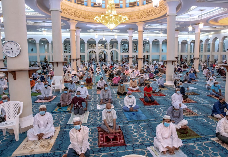 Eid Al Adha morning prayers at Sheikh Hazza bin Sultan Mosque on Electra Street in Abu Dhabi.