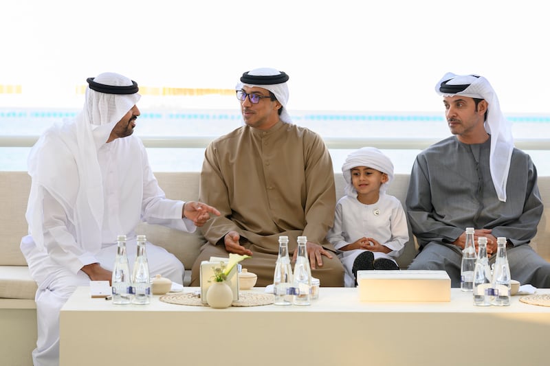 Sheikh Mansour bin Zayed, Deputy Prime Minister and Minister of the Presidential Court, attends the event. Seen with (from left) Sheikh Theyab bin Mohamed, Abu Dhabi Executive Council member; Sheikh Zayed bin Theyab bin Mohamed; and Sheikh Hazza bin Zayed, vice chairman of the Abu Dhabi Executive Council