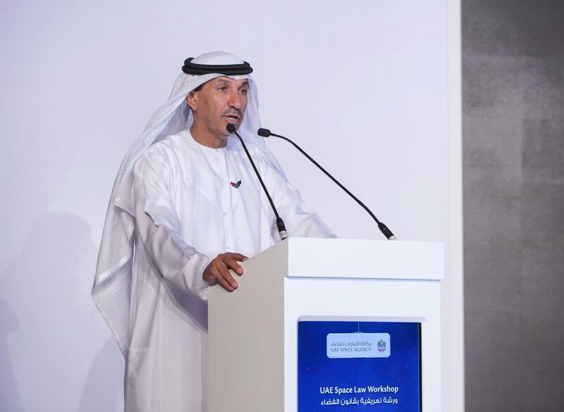 Abu Dhabi, United Arab Emirates - HE Dr. Mohammed Nasser Al Ahbabi, UAE Space Agency Director General speaking at the revealing of details of the UAE space law at St. Regis Hotel, corniche.  Leslie Pableo for The National