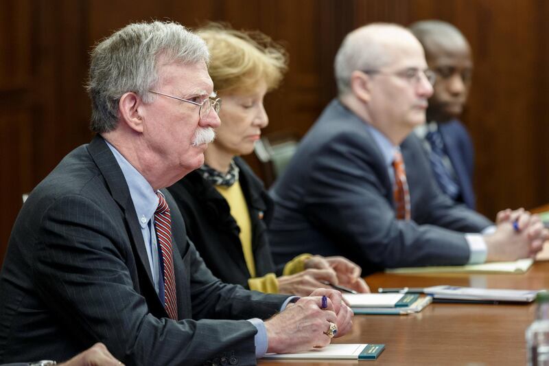 U.S. National Security Adviser John Bolton (front) attends a meeting with Russia's Defence Minister Sergei Shoigu in Moscow, Russia October 23, 2018. Vadim Savitsky/Russian Defence Ministry Press Service/Handout via REUTERS  ATTENTION EDITORS - THIS PICTURE WAS PROVIDED BY A THIRD PARTY. NO RESALES. NO ARCHIVES.