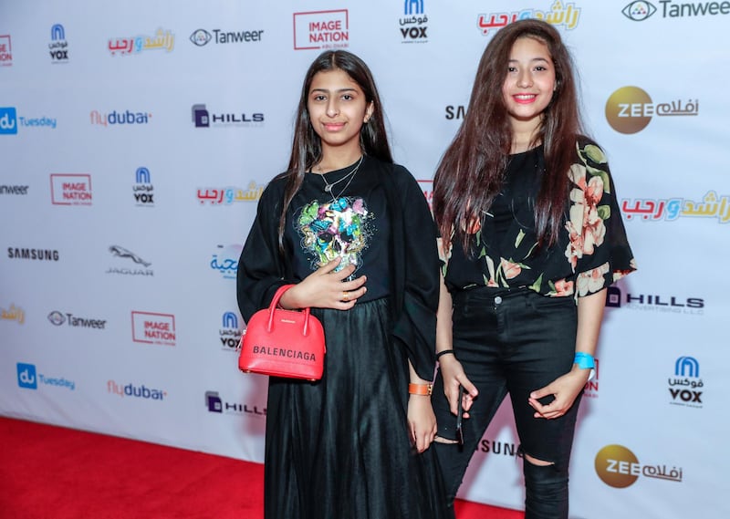 Dubai, United Arab Emirates, May 21, 2019.    Premiere of Image Nation’s latest, Rashid and Rajab.  Red carpet,  “celebs” and bigwigs. -- (L-R)   Mahra Mustafa as Noora and Noreen Khalid as Leila.
Victor Besa/The National
Section:  A&L
Reporter:  Chris Newbould