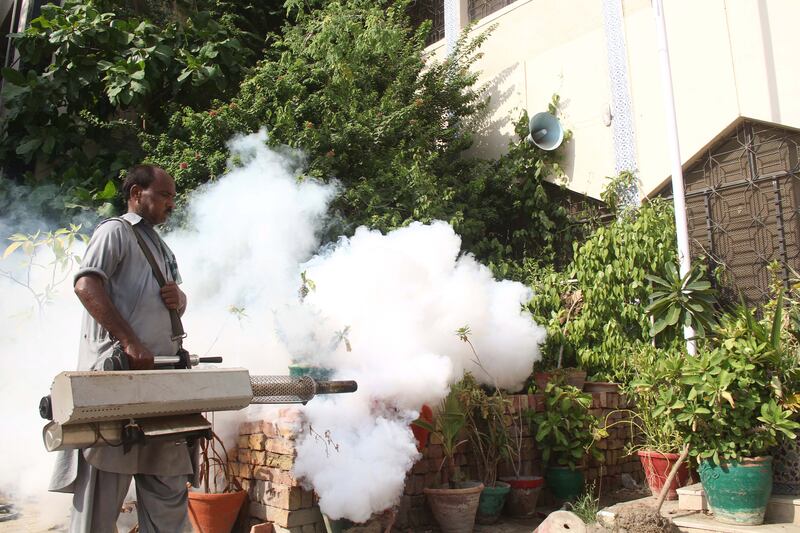 A health worker sprays an area to kill mosquitoes and prevent the outbreak of dengue fever in Hyderabad, Sindh province. EPA