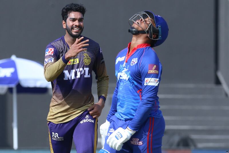 Venkatesh Iyer of Kolkata Knight Riders celebrates the wicket of Shimron Hetmyer. Sportzpics for IPL