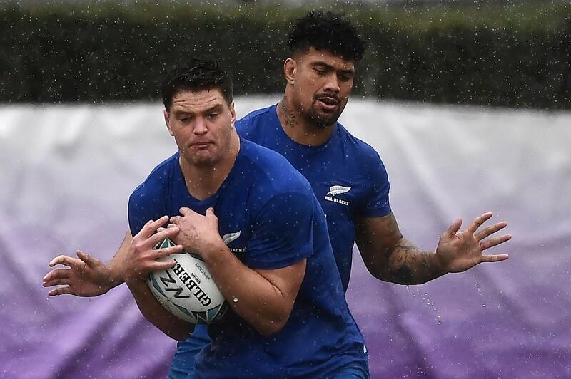 New Zealand lock Scott Barrett, left, and flanker Ardie Savea go through the paces. AFP
