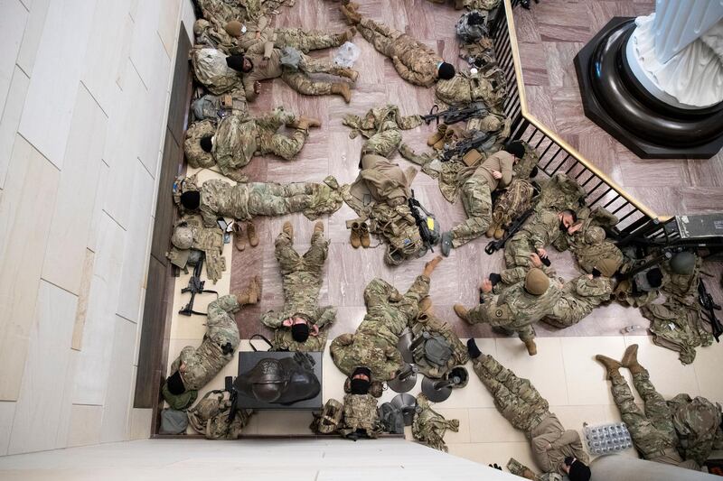 Hundreds of US National Guard troops rest in the Capitol Visitors Center on Capitol Hill in Washington, DC, USA.  EPA
