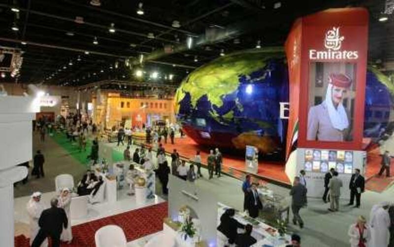 Dubai, 5th May 2009.  The imposing Emirates Holidays  stand at the Arabian Travel Market, held at Dubai International Exhibition Centre.  (Jeffrey E Biteng / The National) *** Local Caption ***  JB06-ATMstands.jpg