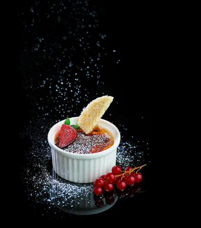 Coconut and palm sugar brulee with mascerated berries