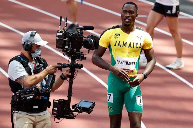 Hansle Parchment of Jamaica reacts after winning the gold medal in the men's 110m hurdles.