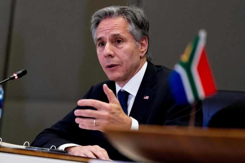 US Secretary of State Antony Blinken speaks to members of the media after meeting at the South African Department of International Relations and Co-operation in Pretoria, South Africa. AFP