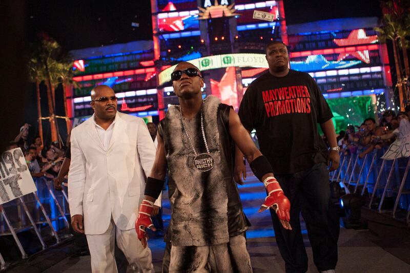 Floyd Mayweather Jr at WrestleMania XXIV at the Citrus Bowl, Orlando, Florida on March 30, 2008. The undefeated boxing champion appeared in a No Disqualification Match against the Big Show, taking the win by knockout.