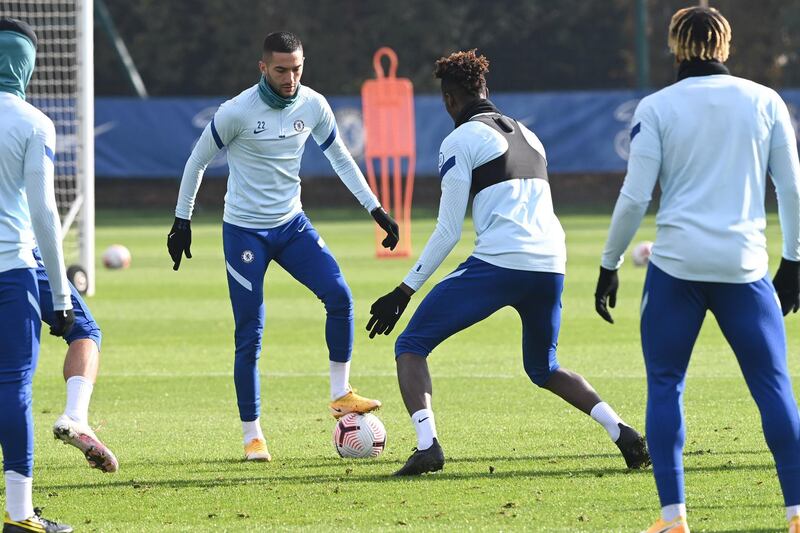 COBHAM, ENGLAND - NOVEMBER 06:  Hakim Ziyech of Chelsea during a training session at Chelsea Training Ground on November 6, 2020 in Cobham, United Kingdom. (Photo by Darren Walsh/Chelsea FC via Getty Images)