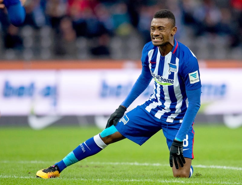 epa08401236 (FILE) - Hertha's Salomon Kalou reacts during the German Bundesliga soccer match between Hertha BSC and VfL Wolfsburg at the Olympic Stadium in Berlin, Germany, 20 February 2016, re-issued 04 May 2020. Hertha BSC has suspended its striker Salomon Kalou after a Facebook video. The Ivorian had shown how he greets some of the club's players and staff with a handshake on the club's premises and in the dressing room. In doing so, Kalou was in breach of the rules of distance to contain the Corona pandemic.  EPA/ANNEGRET HILSE *** Local Caption *** 52600902