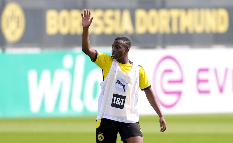 Dortmund's Youssoufa Moukoko attends the team's first pre-season training session. All players were required to have two negative coronavirus tests before they could start pre-season training. EPA