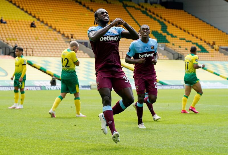 West Ham United's Michail Antonio celebrates after scoring his second. Reuters