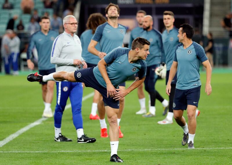 Chelsea captain Cesar Azpilicueta takes part in a training session ahead of the Europa League final. EPA