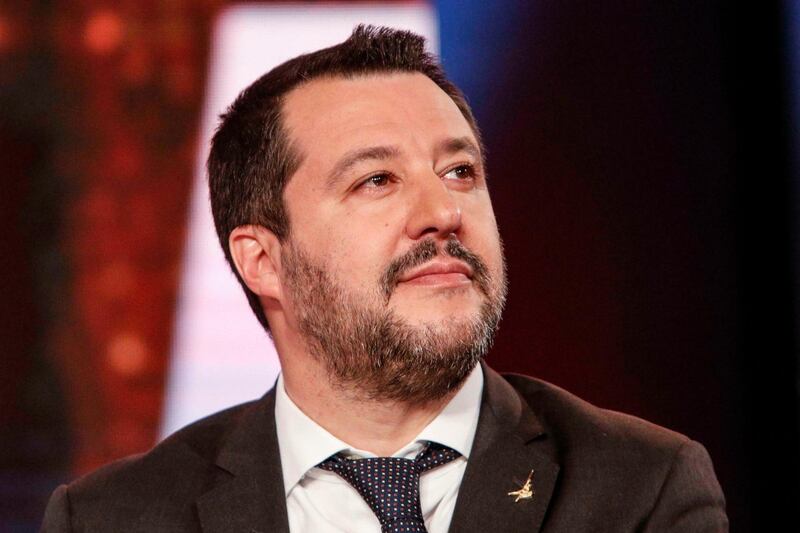 Italian Deputy Premier and Interior Minister Matteo Salvini, attends the taping of a television program, in Rome, Italy, Thursday, Jan. 24, 2019. An Italian anti-terrorism unit is investigating graffiti on a wall in Milan inciting violence against Italyâ€™s firebrand interior minister. The blue lettering that appeared Thursday urges: "Non sparare a salve. Spara a Salviniâ€˜â€™ (Donâ€™t shoot blanks. Shoot Salvini). It bears a red A inside a circle, a typical anarchist symbol, and the figure of a man in a military uniform.