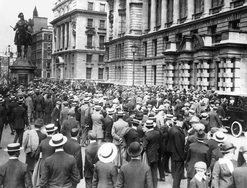 The scene outside the War Office in Whitehall, London, following the declaration of war in August 1914. Photo: Illustrated London News