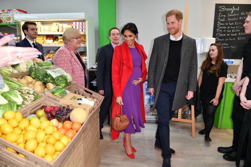 Prince Harry and Meghan officially open Number 7, a Feeding Birkenhead citizen’s supermarket and community cafe in Merseyside in January 2019. Getty