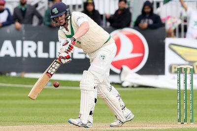 Ireland's Kevin O'Brien plays a shot on day four of Ireland's inaugural test match against Pakistan at Malahide cricket club, in Dublin on May 14, 2018.  / AFP / Paul FAITH
