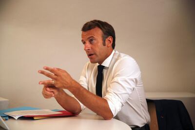 epa08596852 French President Emmanuel Macron speaks during a Defense Council video-conference on Niger at the Fort de Bregancon, southern France, 11 August 2020. Armed forces from Niger and France have been deployed to pursue the gunmen who killed seven aid workers, mostly French citizens, and a leading guide in a Niger giraffe park considered one of the safer places in the vast West African country.  EPA/DANIEL COLE / POOL MAXPPP OUT