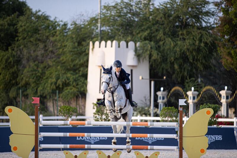 Annike Sande on For Cash 2 on her way to win the FBMA Cup at Abu Dhabi Equestrian Club on Saturday. Supplied photo