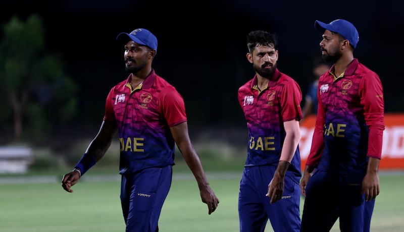 UAE players during their ACC Men's Premier Cup Group B match against Oman at Oman Cricket Stadium in Al Amerat, Muscat, on April 15, 2024. Oman won the game by nine wickets. All photos: Subas Humagain for The National