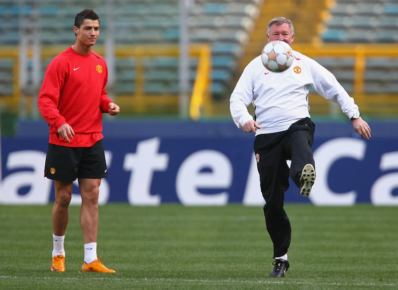 Ex-Man United manager Sir Alex Ferguson and Cristiano Ronaldo compare skills during a training session in 2008. But will the Portuguese return to Old Trafford? Getty Images