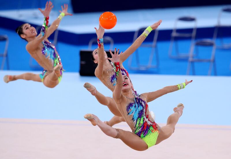 Japanese rhythmic gymnasts perform during the Tokyo Olympic Games test event a the Ariake Gymnastics Centre, on Saturday, May 8. Reuters