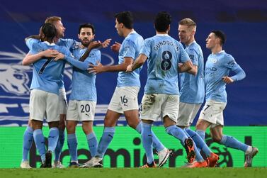 Manchester City's Kevin de Bruyne (2-L) celebrates scoring the first goal against Chelsea at Stamford Bridge. EPA
