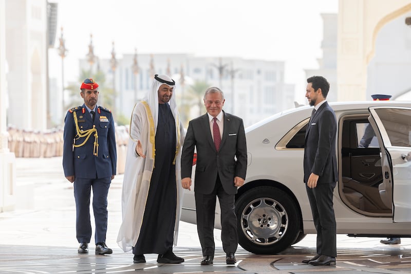 President Sheikh Mohamed receives King Abdullah II of Jordan at Qasr Al Watan. The king was accompanied by Crown Prince Hussein bin Abdullah. Ryan Carter / UAE Presidential Court