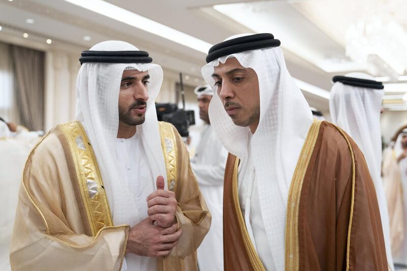 ABU DHABI, UNITED ARAB EMIRATES - June 04, 2019:  HH Sheikh Mansour bin Zayed Al Nahyan, UAE Deputy Prime Minister and Minister of Presidential Affairs (R) and HH Sheikh Hamdan bin Mohamed Al Maktoum, Crown Prince of Dubai (L), attend an Eid Al Fitr reception, at Mushrif Palace.

( Eissa Al Hammadi for Ministry of Presidential Affairs )
---