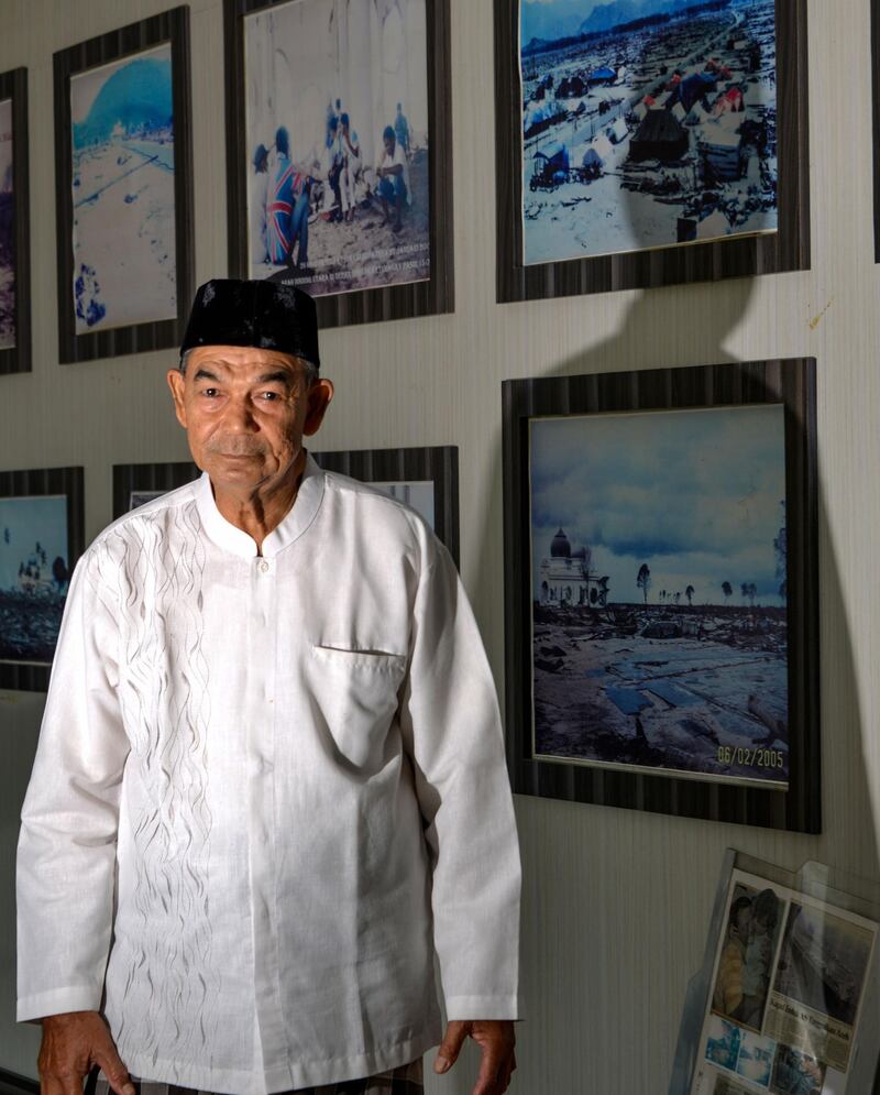Sulaiman Muhammad Amin, a survivor of the December 26, 2004 tsunami, in a museum beside the Rahmatullah mosque in Lampuuk, Aceh province.   AFP