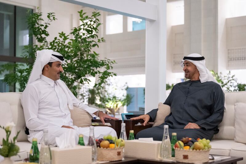 President Sheikh Mohamed meets Qatar's Emir Sheikh Tamim at Al Shati Palace. All photos: UAE Presidential Court 