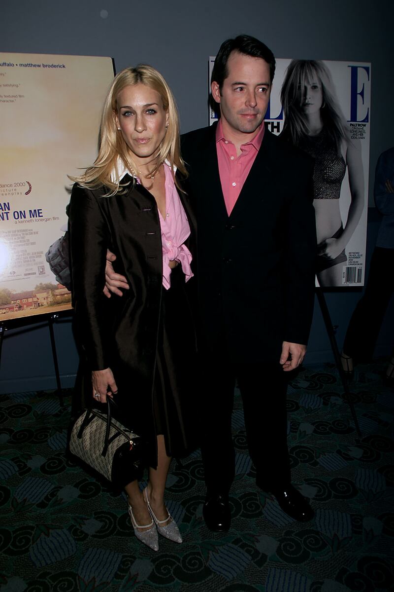 Sarah Jessica Parker, in a pink top and black coat, and Matthew Broderick arrive at the premiere of 'You Can Count on Me' in New York City on November 11, 2000. ImageDirect