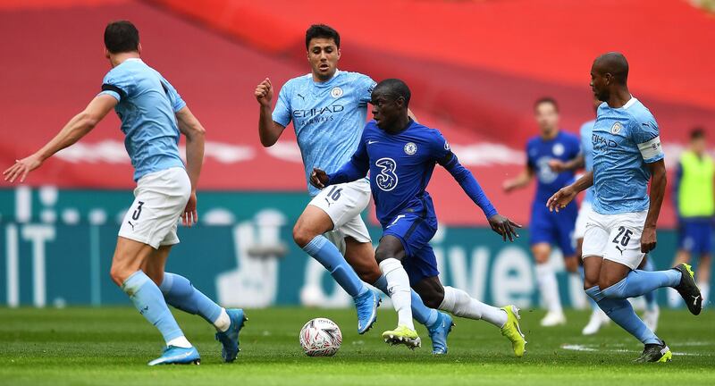 Centre midfield: N’Golo Kante (Chelsea) – Often a scourge of Manchester City, his all-action display in the centre of midfield helped end their quadruple hopes in Chelsea’s semi-final win. Getty Images