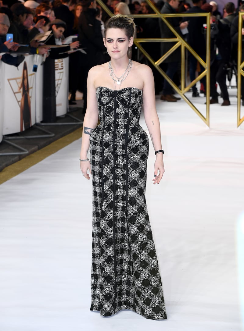 Kristen Stewart, in Thom Browne, attends the 'Charlie's Angels' premiere at the Curzon Mayfair on November 20, 2019 in London, England.