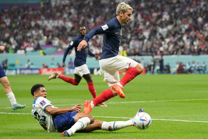 France's Antoine Griezmann, top, and Bellingham battle for the ball. AP