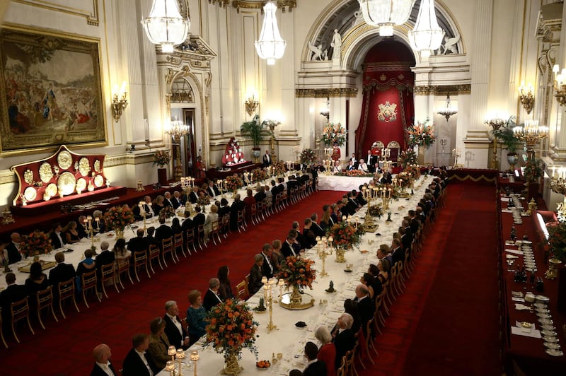 Queen Elizabeth II gives a speech during a state banquet at the Buckingham Palace, as part of King Willem Alexander's state visit to the UK. Yui Mok / Reuters